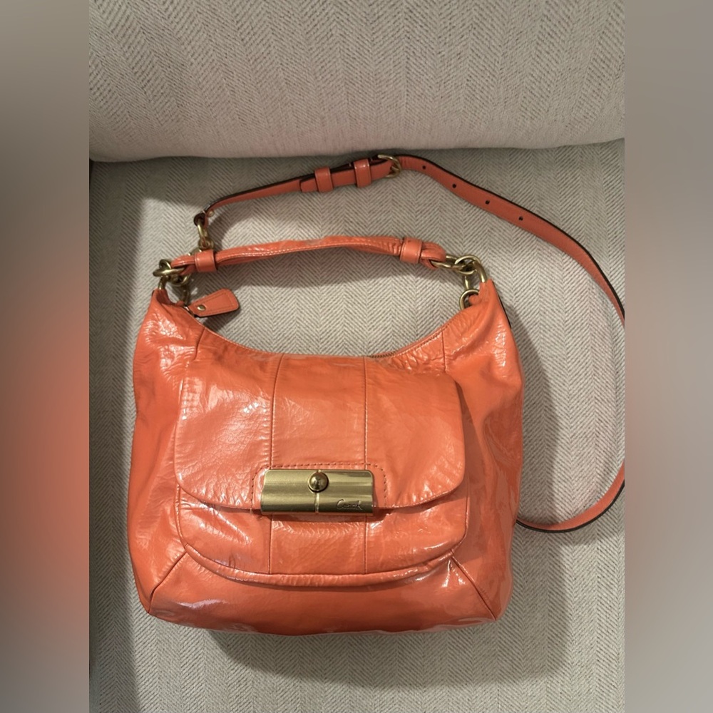 Vintage Coach Peach Patent Leather Shoulder Bag with Gold-Tone Lock